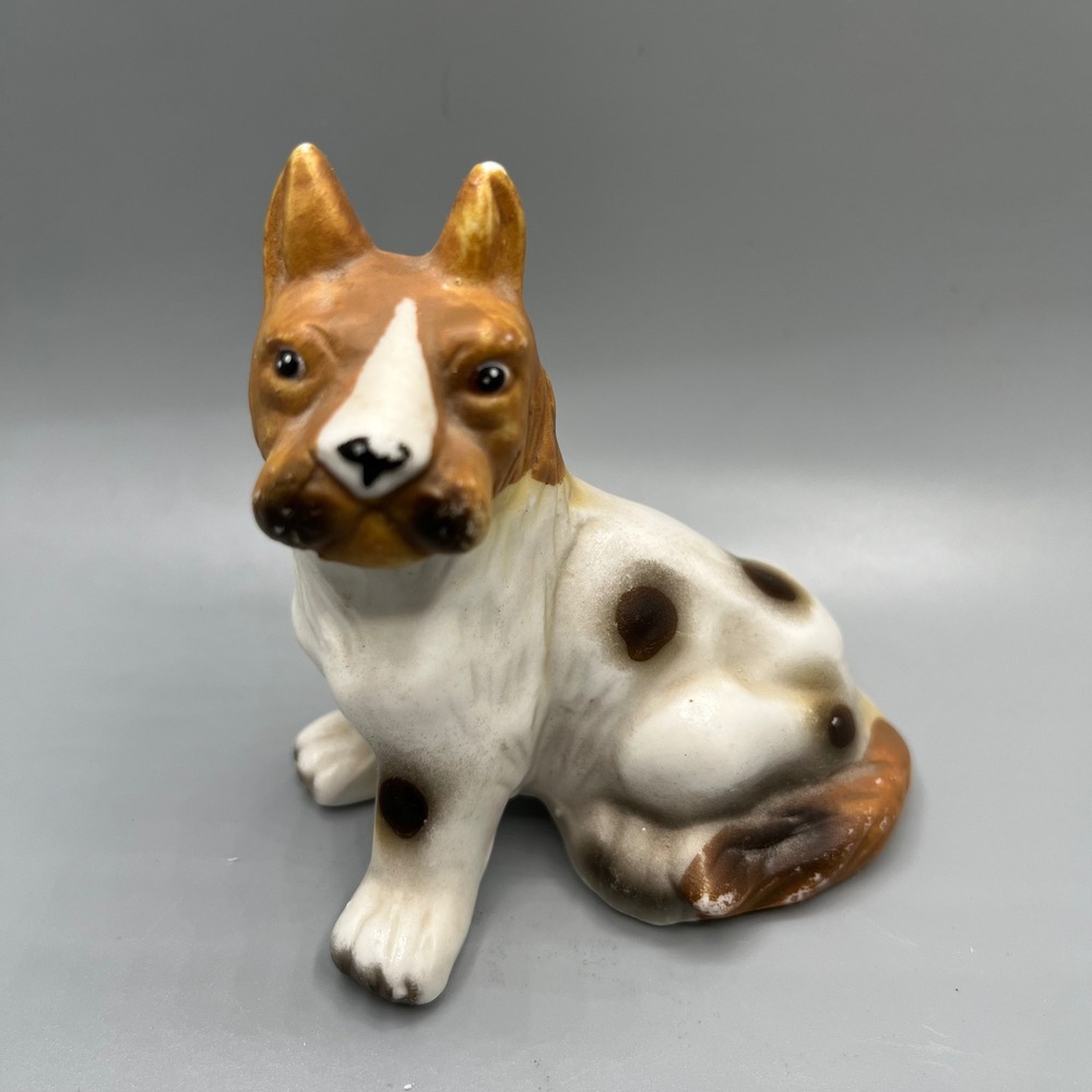 Vintage Ceramic Dog Figurine Brown White Spotted Terrier Statue Decor‎